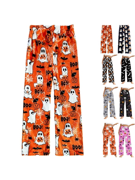 Fuzzy Halloween Pajama Pants Women Men Flannel Pjs Pants Couples Matching Plush Pajama Bottom Costume Gifts,Orange