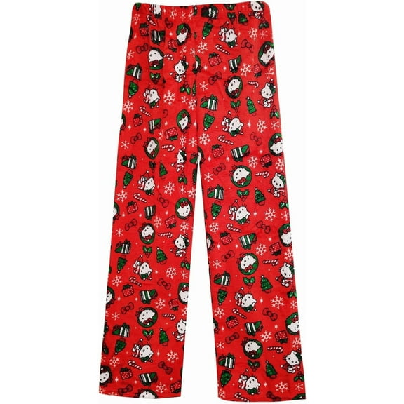 Fuzzy Christmas Pajama Pants for Women, Hello Cartoon Kitty Flannel Plush Pjs Pants Cute Anime Pajamas Bottom Home Lough Pants Sleepwear