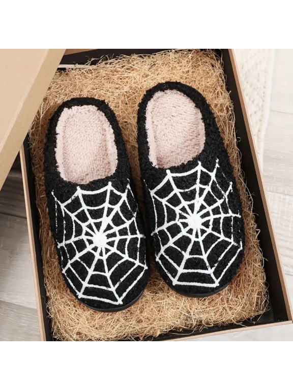 Fuzzy Halloween Spider Web Slippers for Women & Men - Warm Plush Fleece Lined Cozy House Shoes with Spooky Design for Autumn & Winter