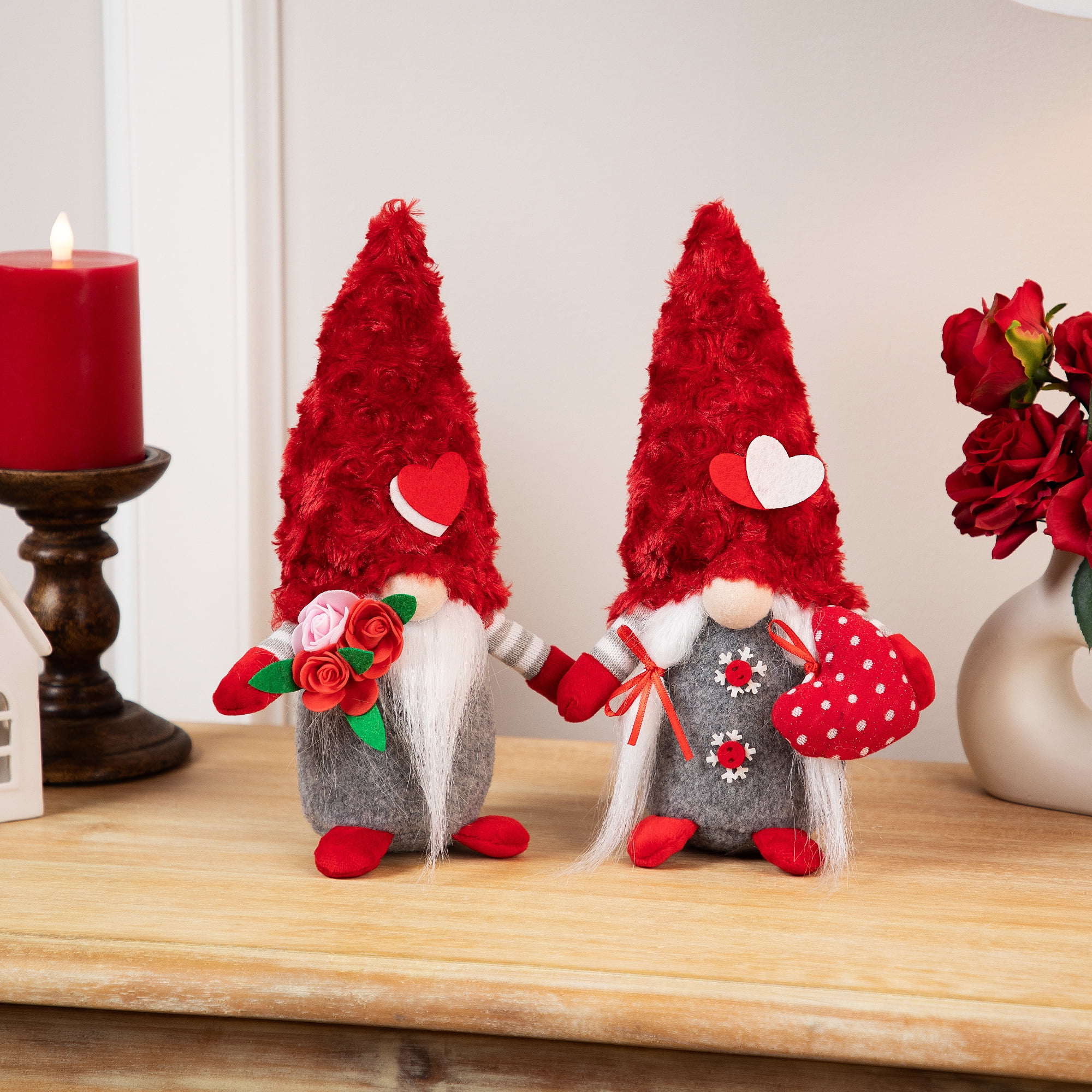 Fuzzy Hat Valentine's Day Gnomes - 11.5" - Red and Gray - Set of 2