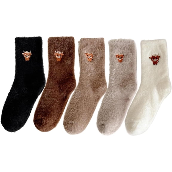 Fuzzy Highland Cow Socks, 5 Pairs Cute Embroidered Highland Cow Crew Sock Winter Warm Soft Indoor Slipper Socks for Women