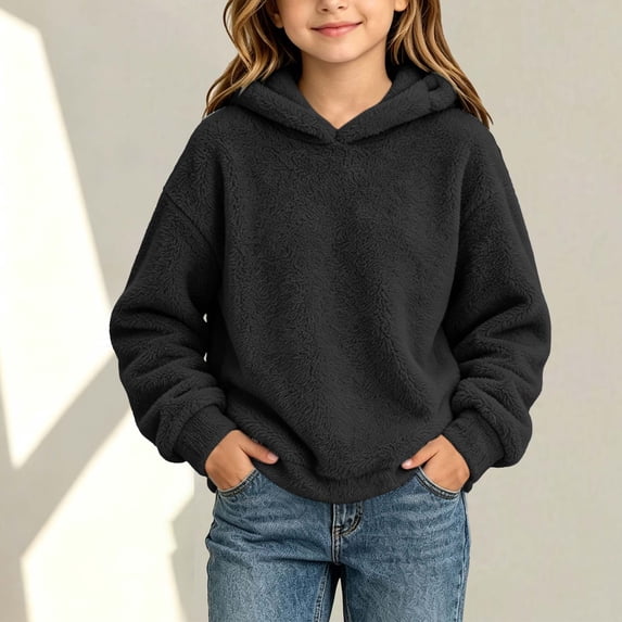 Fuzzy Hooded Sweatshirts for Unisex Children Long Sleeve Solid Color Fashion Thicken Casual Pullover Tops with Front Pockets Black 14-15Years