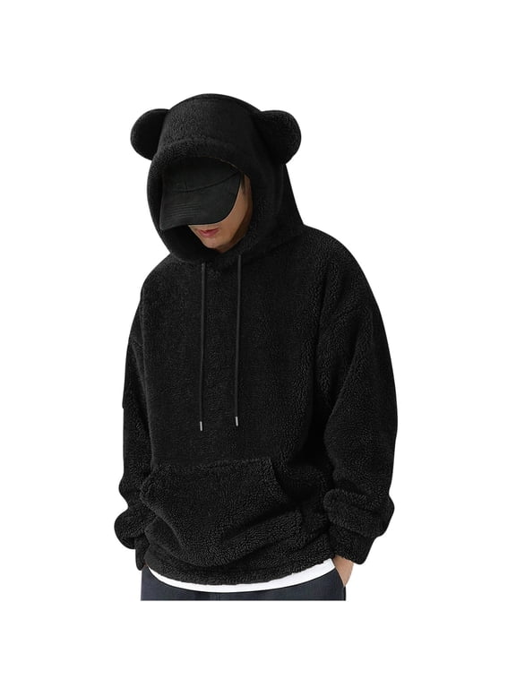 Fuzzy Hoodie Men Sherpa Sweatshirts Cute Bear Ears Long Sleeve Fluffy Fleece Hoodies Winter Warm Pullover