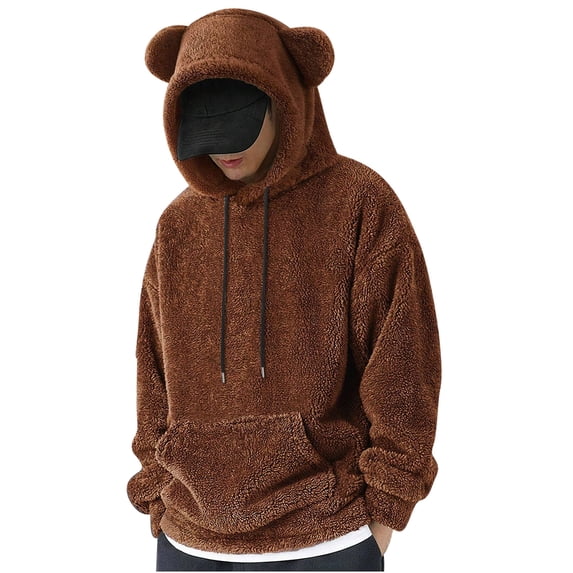 Fuzzy Hoodie Men Sherpa Sweatshirts Cute Bear Ears Long Sleeve Fluffy Fleece Hoodies Winter Warm Pullover