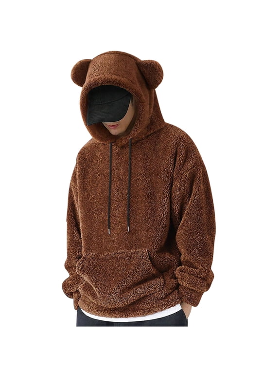 Fuzzy Hoodie Men Sherpa Sweatshirts Cute Teddy Bear Ears Hooded Pullover Long Sleeve Soft Warm Fleece Homewear