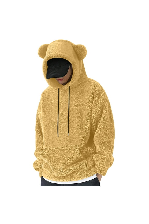 Fuzzy Hoodie Men Sherpa Sweatshirts Cute Teddy Bear Ears Hooded Pullover Long Sleeve Soft Warm Fleece Homewear