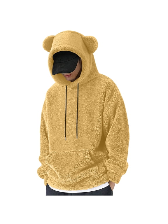 Fuzzy Hoodie Men Sherpa Sweatshirts Cute Teddy Bear Ears Hooded Pullover Long Sleeve Soft Warm Fleece Homewear