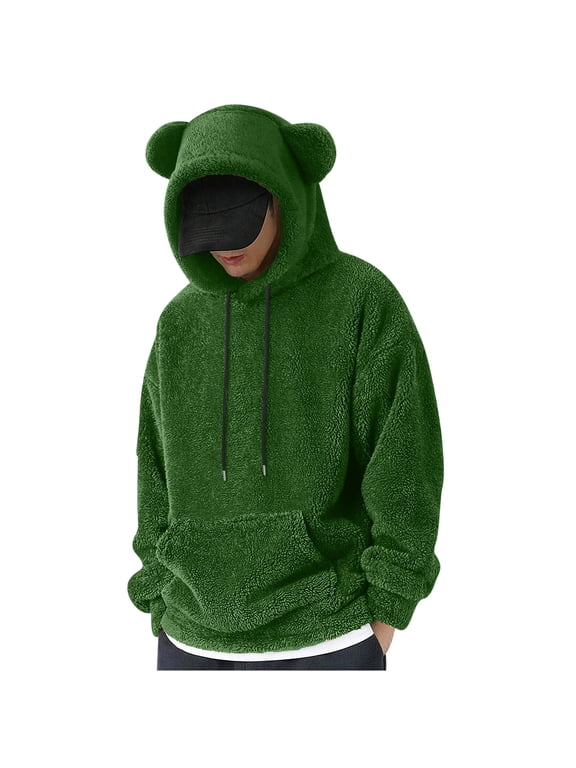Fuzzy Hoodie Men Sherpa Sweatshirts Cute Teddy Bear Ears Hooded Pullover Long Sleeve Soft Warm Fleece Homewear