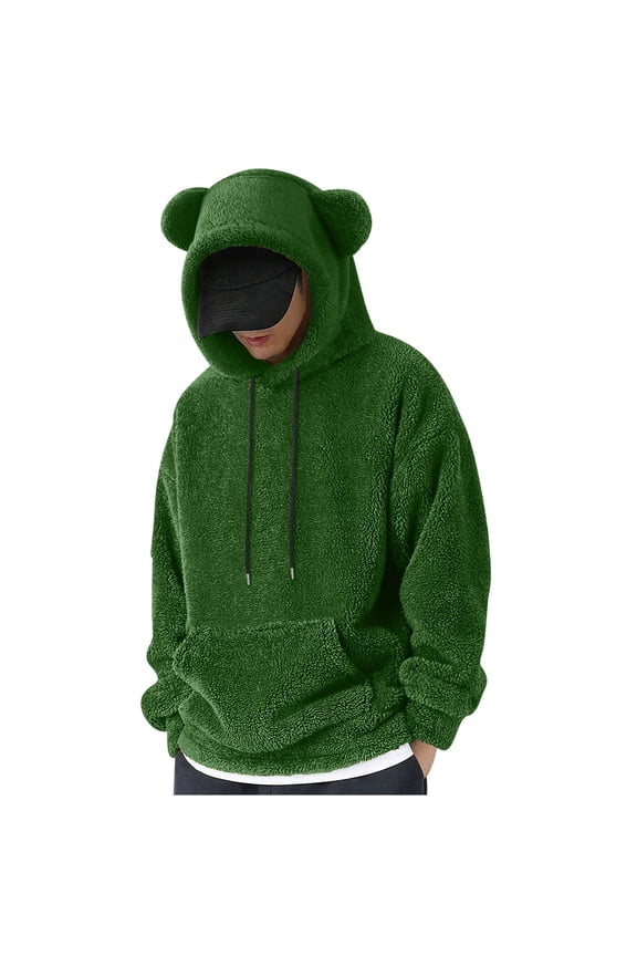 Fuzzy Hoodie Men Sherpa Sweatshirts Cute Teddy Bear Ears Hooded Pullover Long Sleeve Soft Warm Fleece Homewear