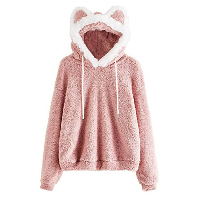 Fuzzy Hoodies For Women Solid Color Long Sleeves Sweatshirts Cute Cat Ears Loose Casual Pullover Tops With Pockets Walmart