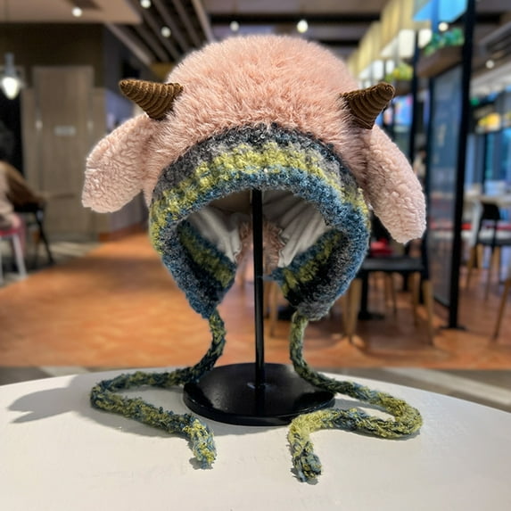 Fuzzy Horns Sheep Ears Beanie,Cute Plush Knitted Animal Hat,Winter Warm Crochet Beanie Gift for Women Women's Winter Cute Knitted Deer Antler Trapper Hat Fluffy Warm Thick Ski Beanie Cap Pink