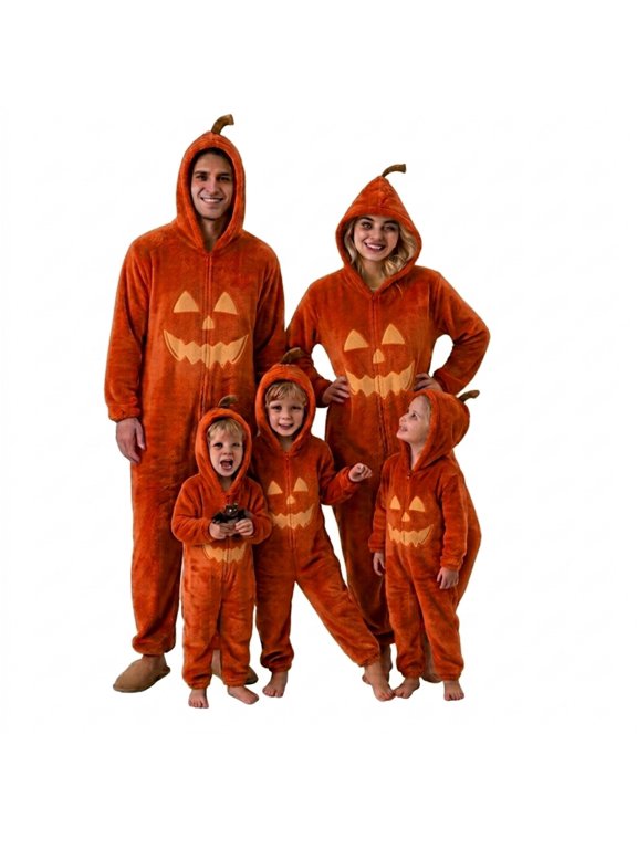 Fuzzy Jack O' Lantern Sleepwear,Halloween Pumpkin Onesie Family Matching Set, Fuzzy Jack O' Lantern Plush Pajama with Hooded Pumpkin Stem, Fall Halloween Family Matching Loungewear for Family,F L