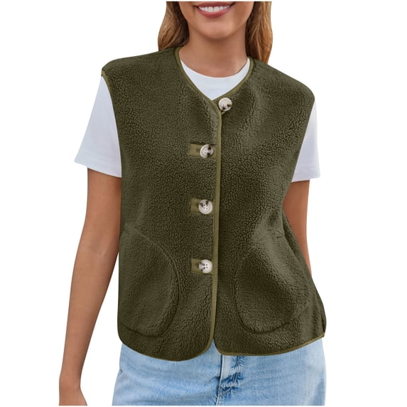 Fuzzy Jacket Vest Women Button Down Sleeveless Sherpa Coat Fall Winter Fleece Warm Coats with Pockets Army Green, 2XL
