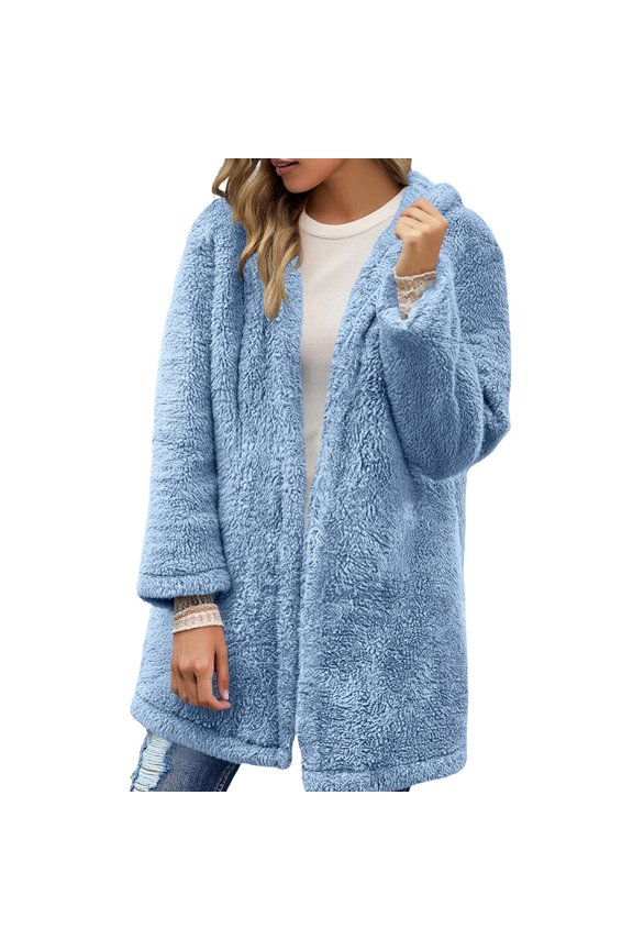 Fuzzy Jacket Women Fuzzy Fleece Jacket Open Front Hooded Cardigan Outerwear Fall Warm Coats with Pockets