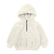 LLYWEY Fuzzy Jackets for Baby, Toddler Girls Boys Fleece Pullover Hoodies, Kids Long Sleeve Hooded Jackets with Pockets Fall Winter Quarter Zip Pullover Sweatshirts Beige 3T