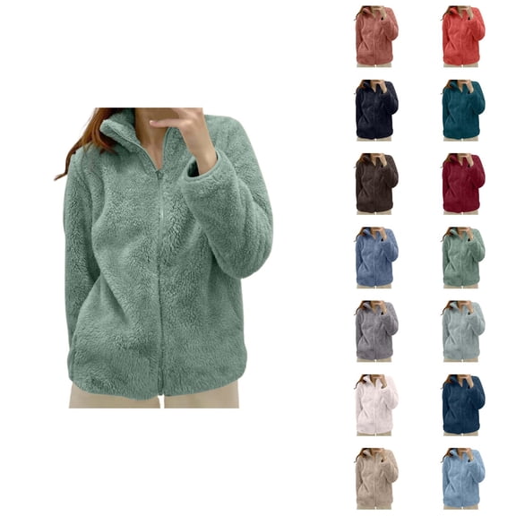 Fuzzy Jackets for Women 2026 Casual Thick Thermal Long Sleeve Stand Collar Full Zip Up Winter Coat Outerwear