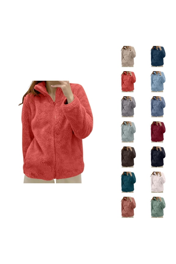 Fuzzy Jackets for Women 2026 Fashion Soft Thermal Long Sleeve Stand Collar Full Zip Up Winter Coat Outerwear