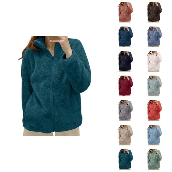Fuzzy Jackets for Women 2026 Fashion Thick Thermal Long Sleeve Stand Collar Full Zip Up Winter Coat Outerwear