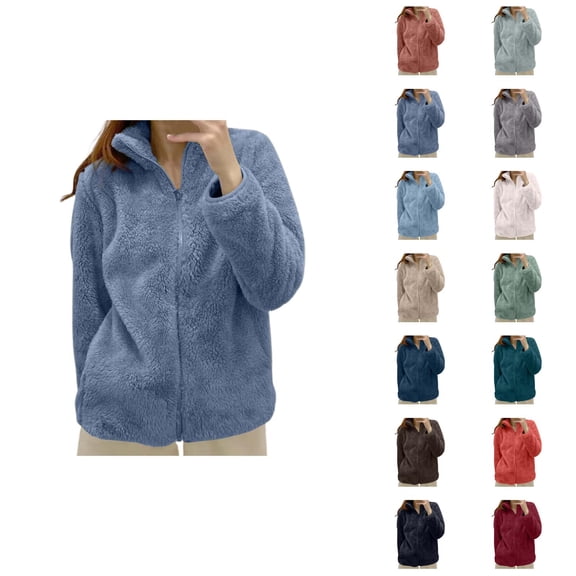Fuzzy Jackets for Women 2026 Fashion Thick Thermal Long Sleeve Stand Collar Full Zip Up Winter Coat Outerwear