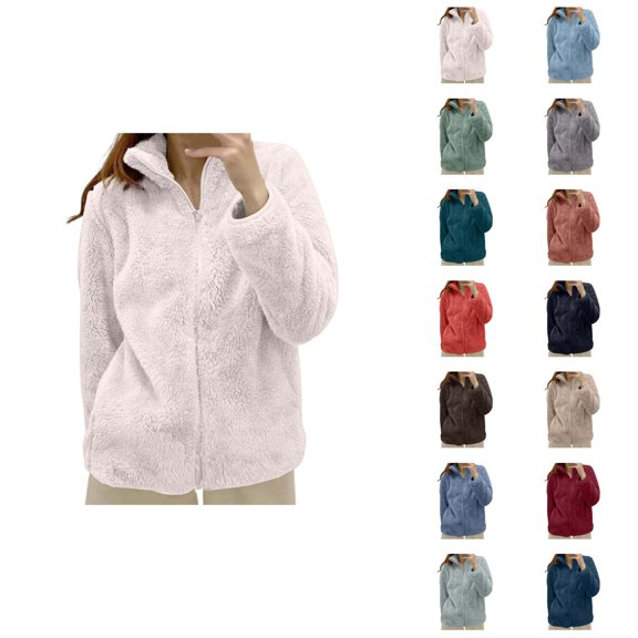 Fuzzy Jackets for Women 2026 Trendy Soft Thermal Long Sleeve Stand Collar Full Zip Up Winter Coat Outerwear