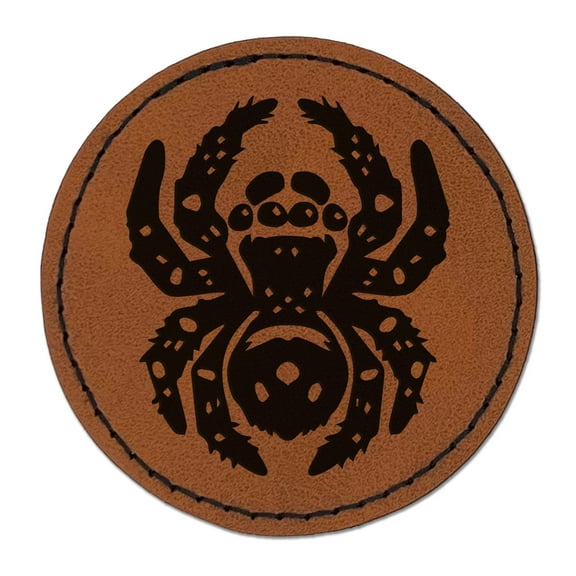 Fuzzy Jumping Spider Arachnid 2.5" Faux Leather Round Engraved Iron-On Patch - Brown