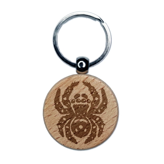 Fuzzy Jumping Spider Arachnid Round Keychain Charm Tag - Engraved Wood