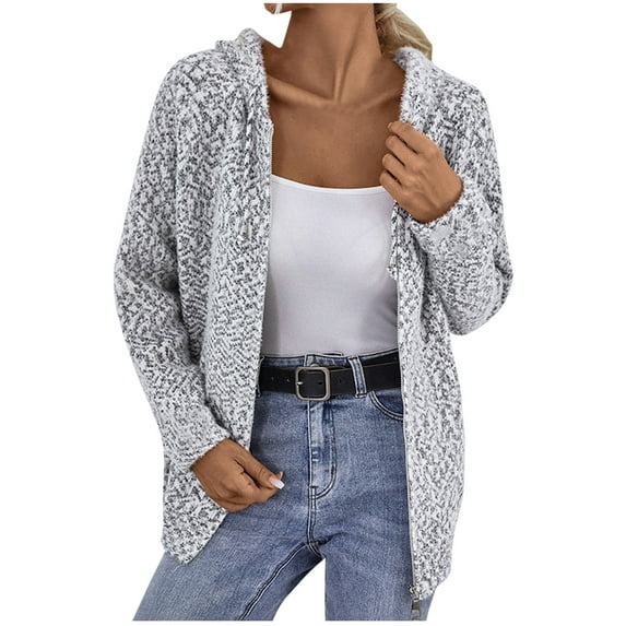 Fuzzy Knit Hoodie Jacket Women's Zip Up Hooded Sweater Cardigans Long Sleeve Winter Fall Casual Drawstring Outwear (S, Gray)