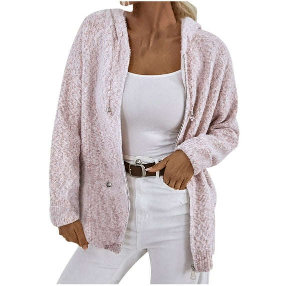 Fuzzy Knit Hoodie Jacket Women's Zip Up Hooded Sweater Cardigans Long Sleeve Winter Fall Casual Drawstring Outwear (S, Pink)