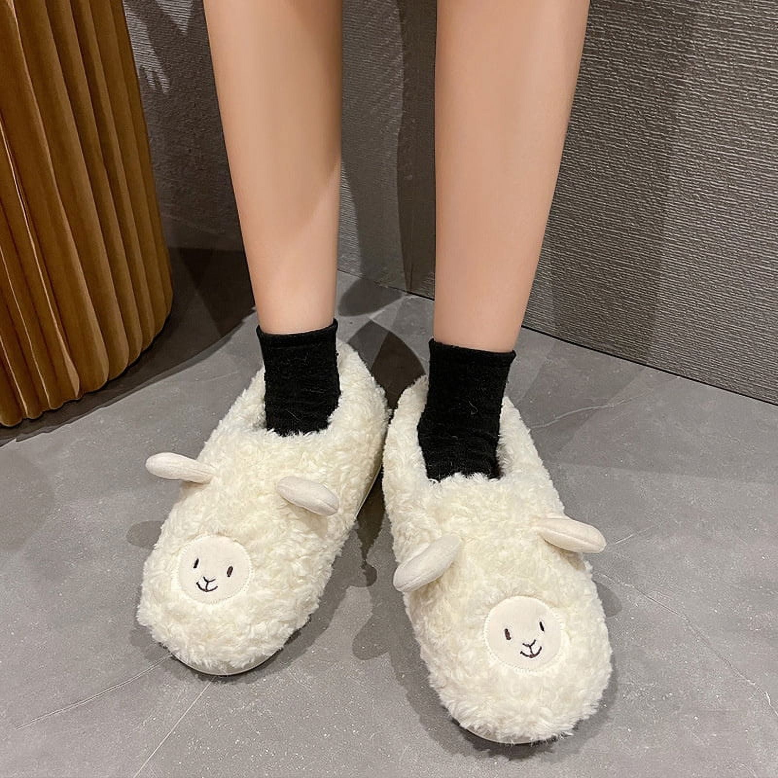 Fuzzy Lamb Slippers Cute Warm Cozy Shoes Animal Shape Slip on Slippers for Women Girl Winter Supply