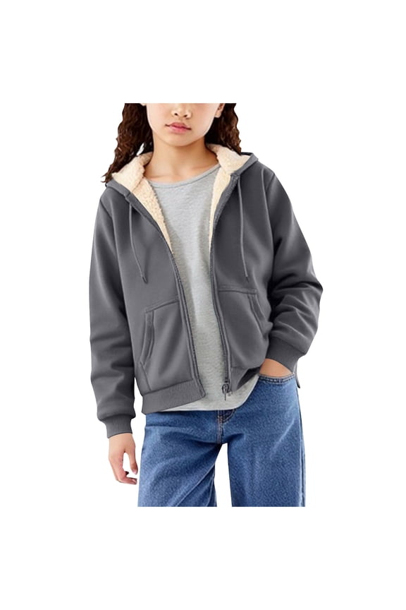 Fuzzy Lining Coat for Kids Plush Jacket for Winter Fleece Zipper Hoodies Solid Color Sweatshirt with Pockets Dark Gray 13