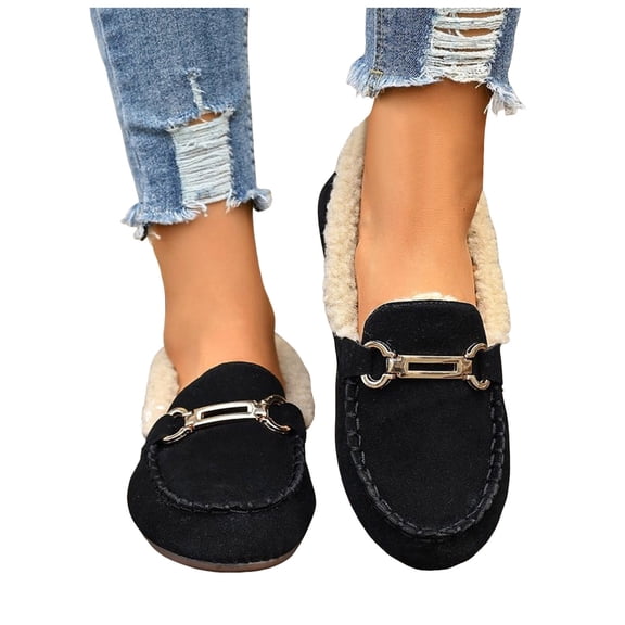 Fuzzy Loafers for Women Winter Warm Flat Shoes Fashion Metal Chain Suede Round Toe Comfortable Soft Sole Nonslip Walking Shoes Black Size 8
