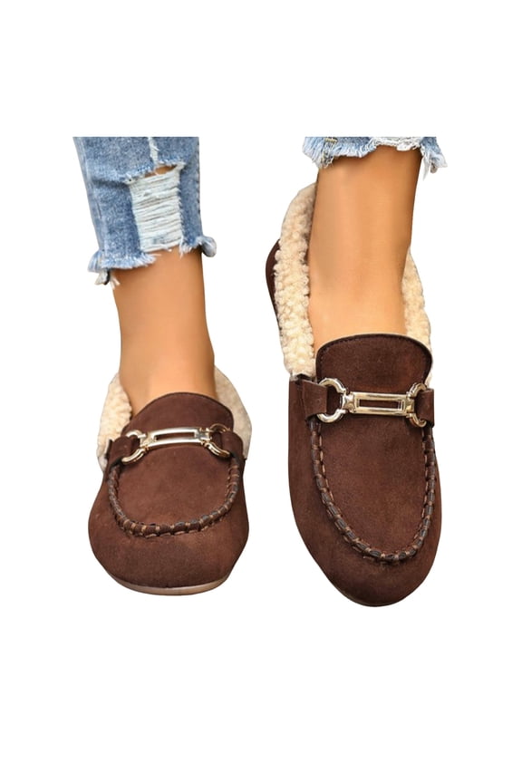 Fuzzy Loafers for Women Winter Warm Flat Shoes Fashion Metal Chain Suede Round Toe Comfortable Soft Sole Nonslip Walking Shoes Brown Size 6.5