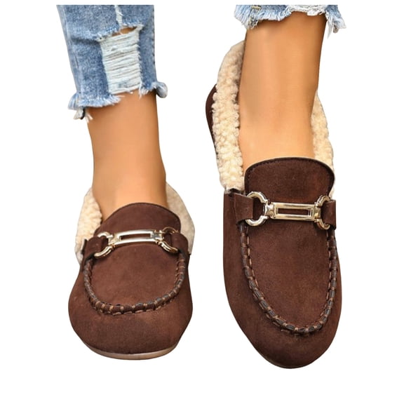 Fuzzy Loafers for Women Winter Warm Flat Shoes Fashion Metal Chain Suede Round Toe Comfortable Soft Sole Nonslip Walking Shoes Brown Size 9