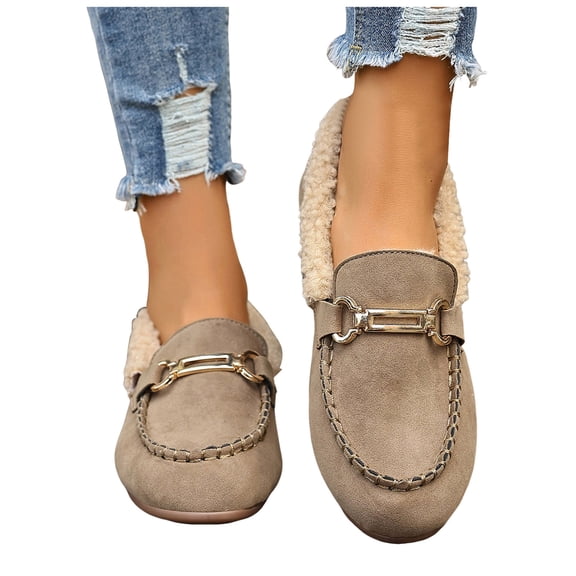 Fuzzy Loafers for Women Winter Warm Flat Shoes Fashion Metal Chain Suede Round Toe Comfortable Soft Sole Nonslip Walking Shoes Khaki Size 7.5