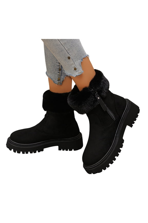 Fuzzy Mid Calf Boots for Women Fleece Lined Slip On Combat Booties Platform Non Slip Wide Calf Suede Riding Snow Boots Black Size 8.5
