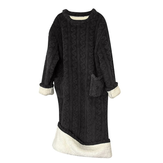 Fuzzy Nightgowns for Women Winter Warm Cable Knit Soft Fluffy Pajamas Home Maxi Dress Pockets Loose Lounge Outfits (L, Black)