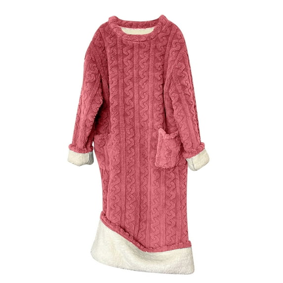 Fuzzy Nightgowns for Women Winter Warm Cable Knit Soft Fluffy Pajamas Home Maxi Dress Pockets Loose Lounge Outfits (L, Pink)