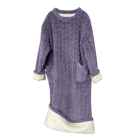 Fuzzy Nightgowns for Women Winter Warm Cable Knit Soft Fluffy Pajamas Home Maxi Dress Pockets Loose Lounge Outfits (S, Purple)