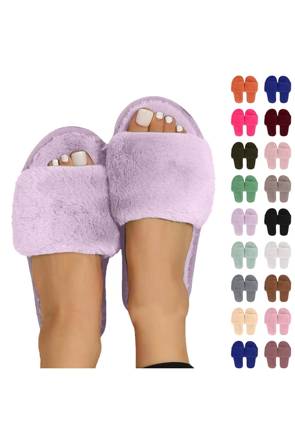 Fuzzy Open-toe Slippers for Women Winter Warm Slipper Faux Fur Sandals Anti-Skid Rubber Sole House Shoes Indoor Outdoor Soft Memory Foam Shoes Purple 5.5-6
