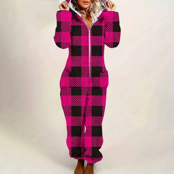 Fuzzy Pajama Onesies for Women New Women Solid Color Long Sleeve Hooded Jumpsuit Pajamas Casual Winter Warm Romper Sleepwear Style B-30 Pinks L