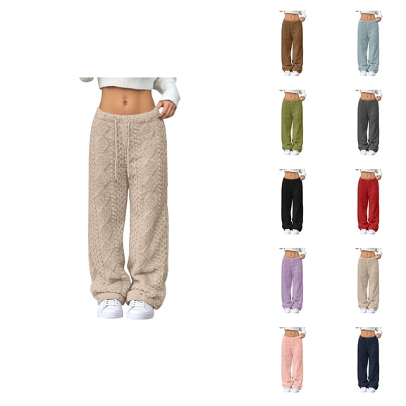 Fuzzy Pajama Pants Women 2026 Winter Comfort Thermal Elastic Waist Drawstring Loose Pj Pants Sleepwear Bottoms