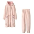 thumbnail image 1 of Fuzzy Pajama Set for Women Soft Hooded Button Plush Robe and Fleece Pants 2 Piece Sleepwear Loungewear Warm Bathrobe, 1 of 4