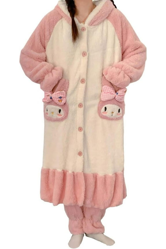 Fuzzy Pajama Set for Women Soft Plush Robe and Fleece Pants 2 Piece Sleepwear Loungewear Warm House Coat