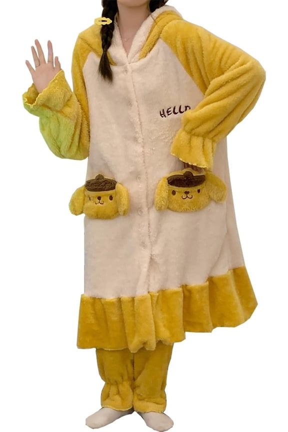 Fuzzy Pajama Set for Women Soft Plush Robe and Fleece Pants 2 Piece Sleepwear Loungewear Warm House Coat