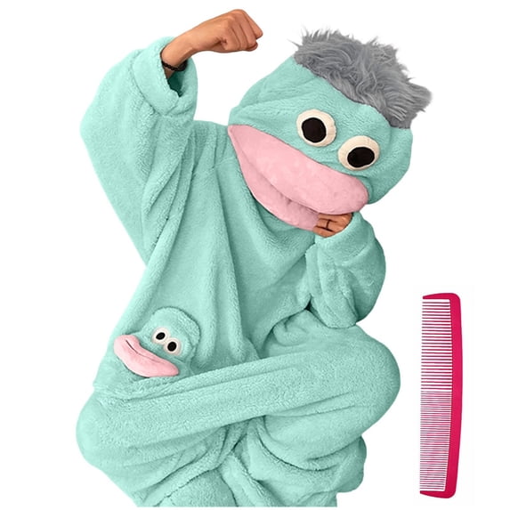 Fuzzy Pajamas Big Mouth Monster Onesie for Adults & Teen Funny Green Silly Onesie with Comb Cute Plush One Piece Jumpsuits
