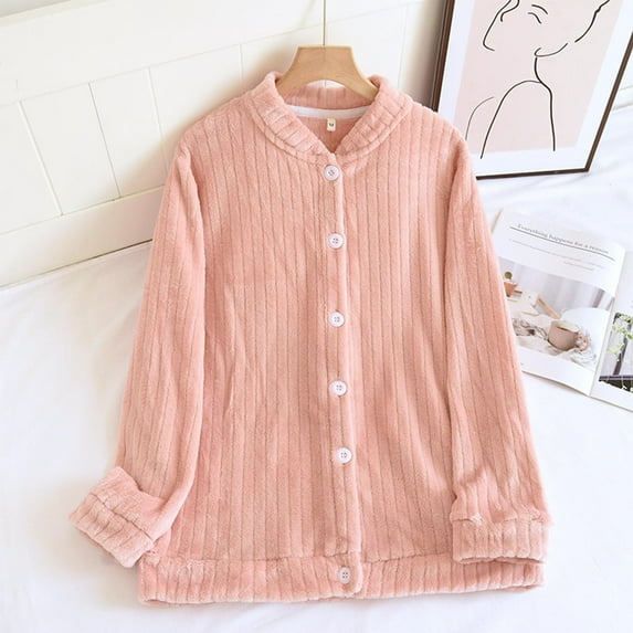Fuzzy Pajamas Shirts for Women, Winter Flannel Warm Sleepwear Button down Thermal Tops Comfy Pjs Loungewear New Pajamas Tops for Women Soft Pinks L