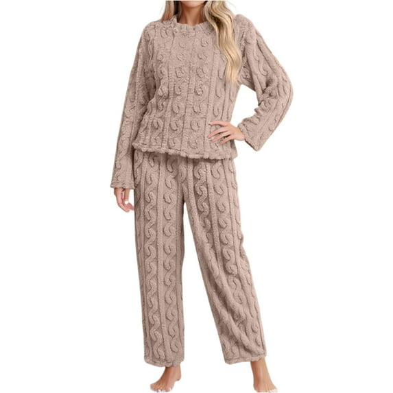 Fuzzy Pajamas for Women Set Winter Warm Fluffy Loungewear Soft Fleece Pjs 2 Piece Ladies Plush Sleepwear Lounge Sets Khaki S