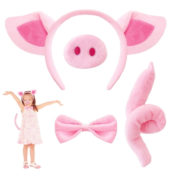 Fuzzy Pig Halloween Costume Accessory Set, Headband with Bowtie, Snout, and Tail, Complete Pig Dress‑Up Kit, Animal Party Favor