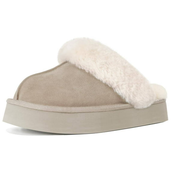 Fuzzy Platform Slippers for Women - Women's Casual Winter House Slippers - Brown, Faux Fur & Shearling Blend - Women's Size