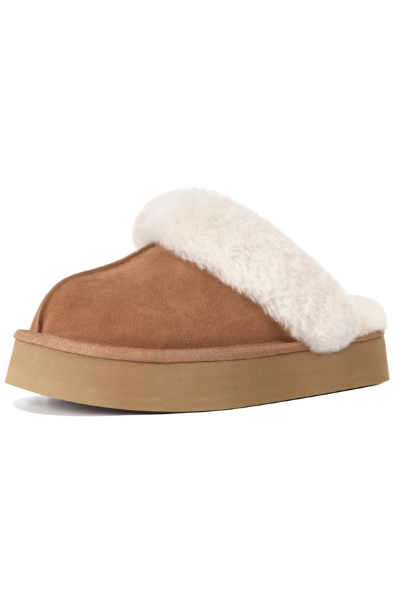 Fuzzy Platform Slippers for Women - Women's Casual Winter House Slippers - Brown, Faux Fur & Shearling Blend - Women's Size